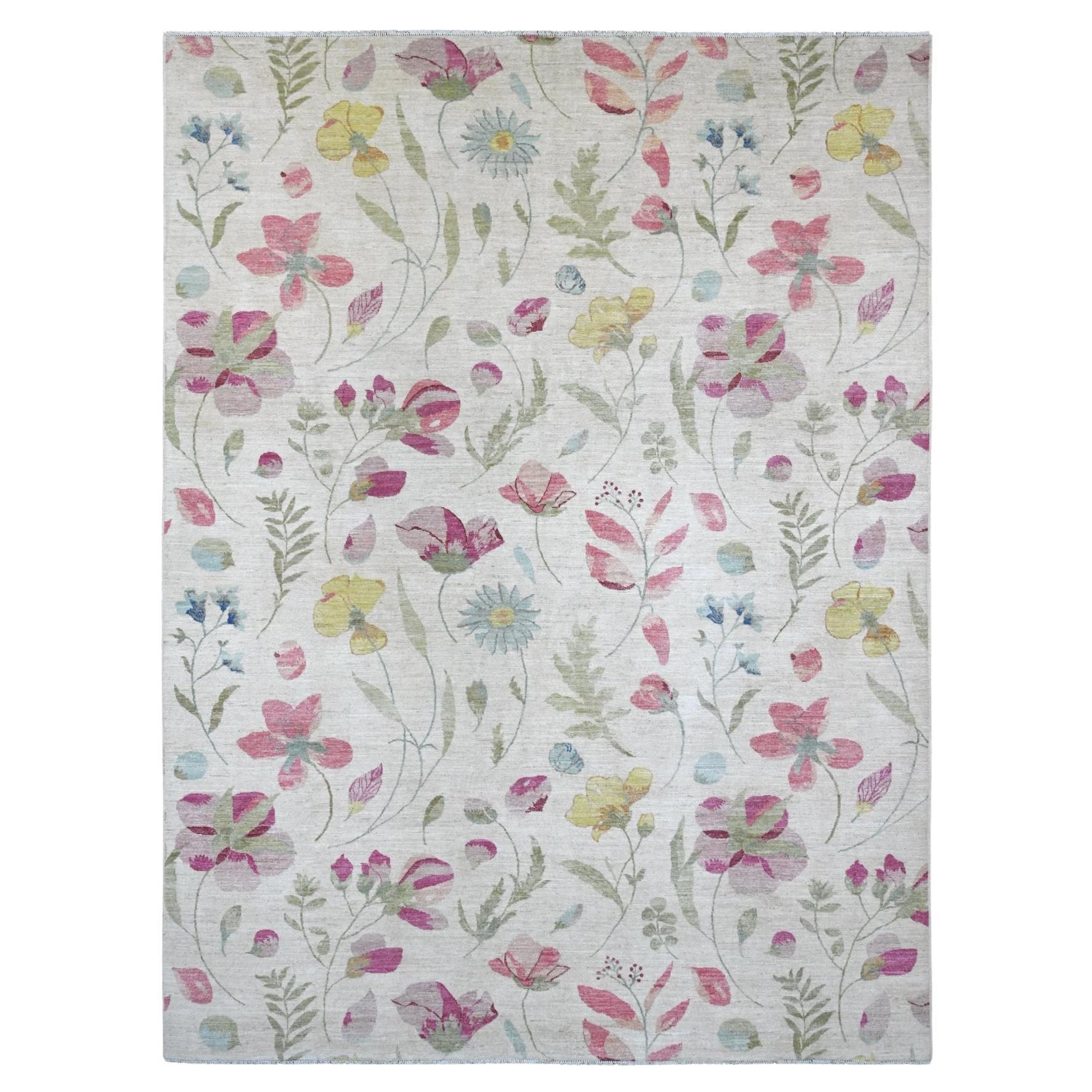 9'x11'9" Weißer Peshawar Bunter Botanischer Garten Design Wolle Handgeknüpfter Teppich im Angebot
