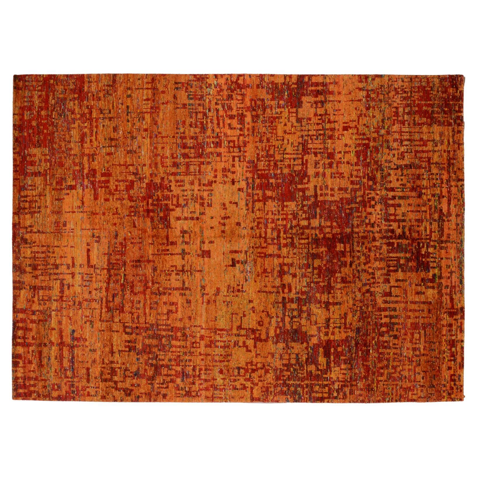 Tapis à motif grue abstrait de 9'x12' en teinte rouge et orange  en vente
