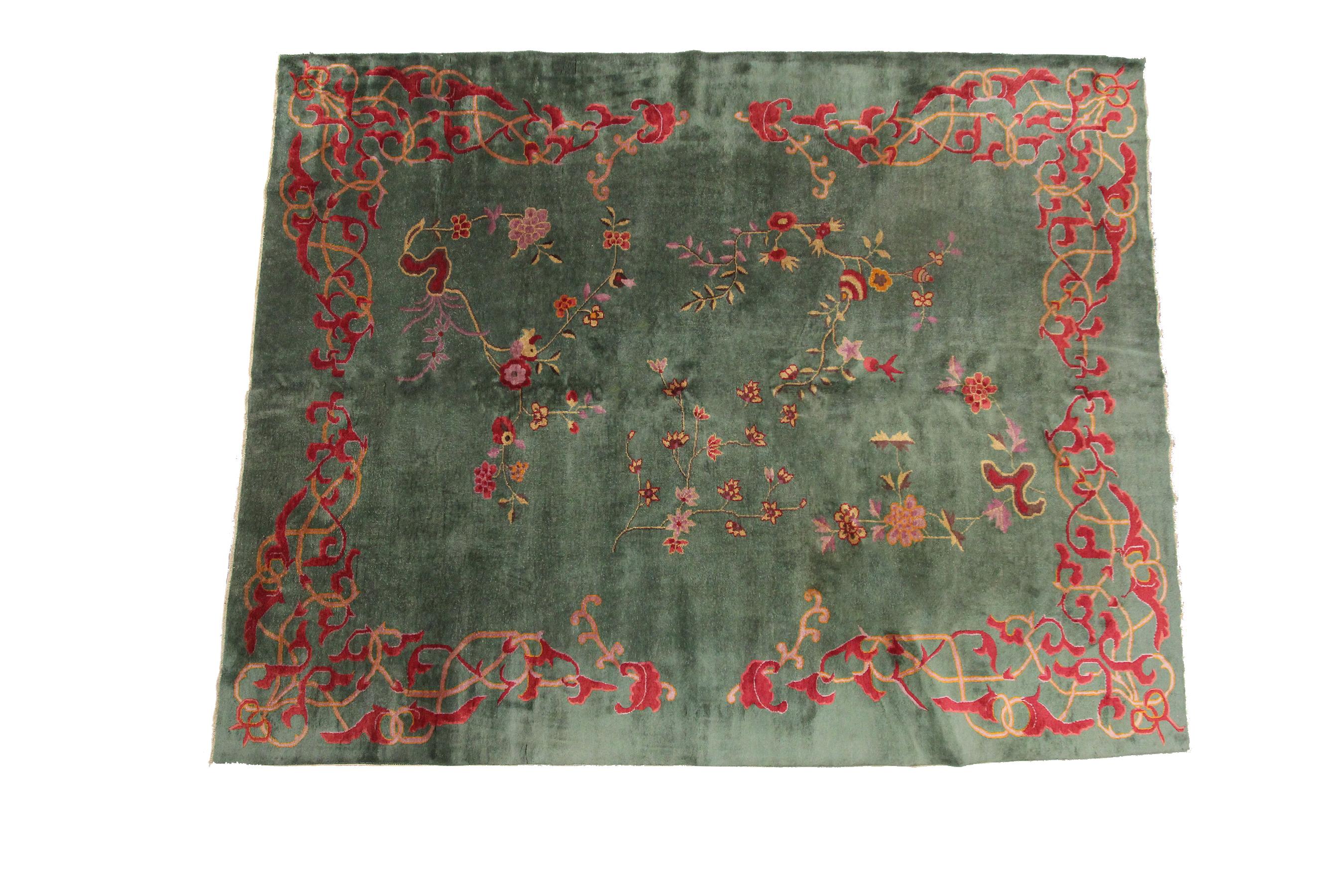 Hand-Knotted Antique Art Deco Chinese Rug Antique Chinese Rug Antique Art Deco Rug Green