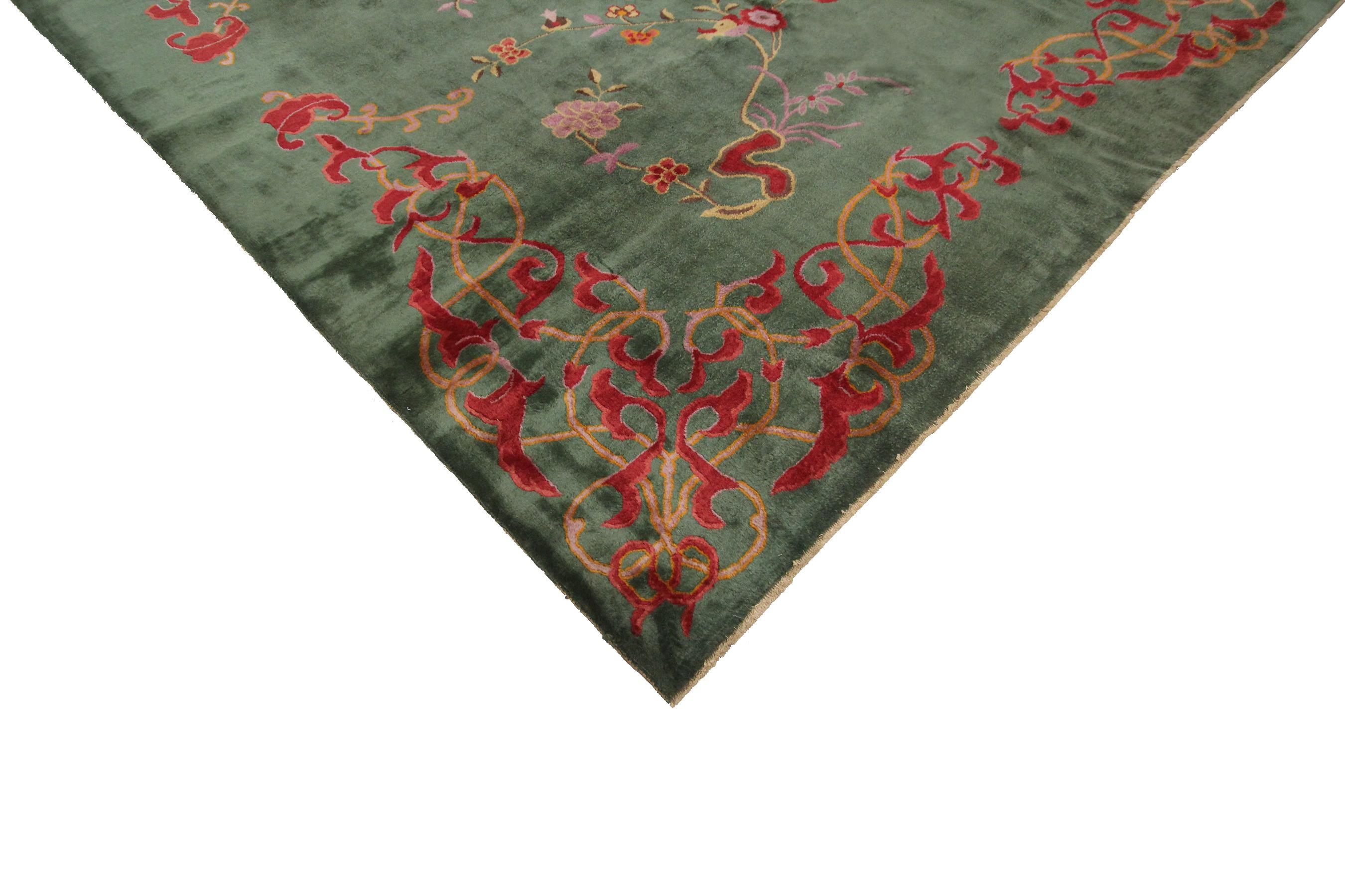 Wool Antique Art Deco Chinese Rug Antique Chinese Rug Antique Art Deco Rug Green