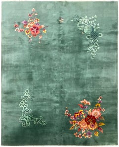 9x12 Antique Art Deco Chinese Rug Walter Nichols Floral Green 274cmx353cm C.1920