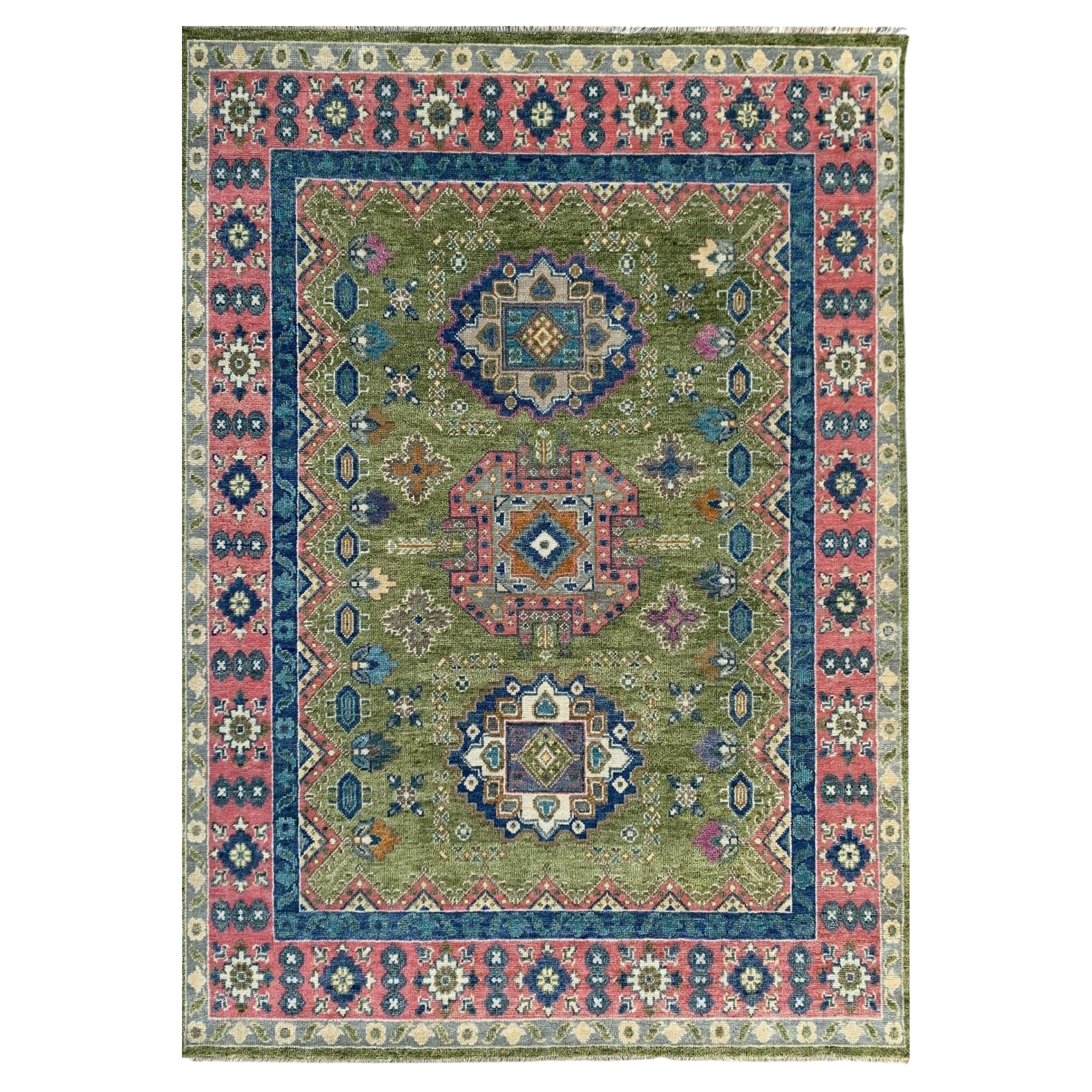 9x12 Ava Kazak Light Green Hand Knotted Wool Geometric Medallion Carpet Rug For Sale