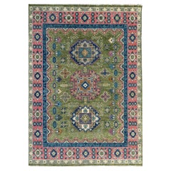 9x12 Ava Kazak Light Green Hand Knotted Wool Geometric Medallion Carpet Rug