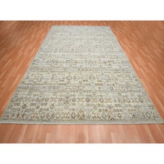 9'x12' Beige Erased and Broken Mahi Herat Design Hand Knotted Pure Wool Rug