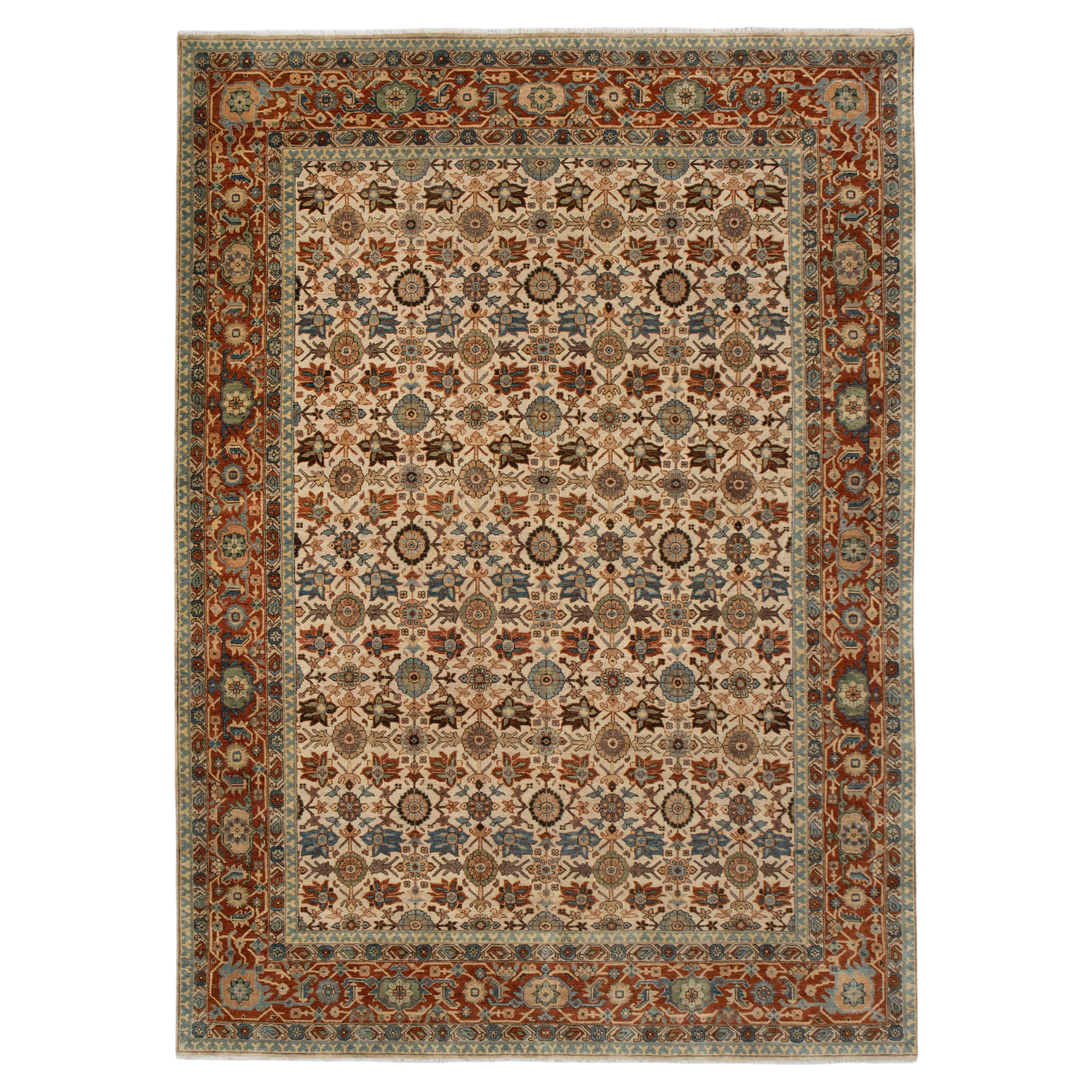 9x12 Beige MIna Ghani Handgeknüpfter Wollteppich ( G-13051) im Angebot