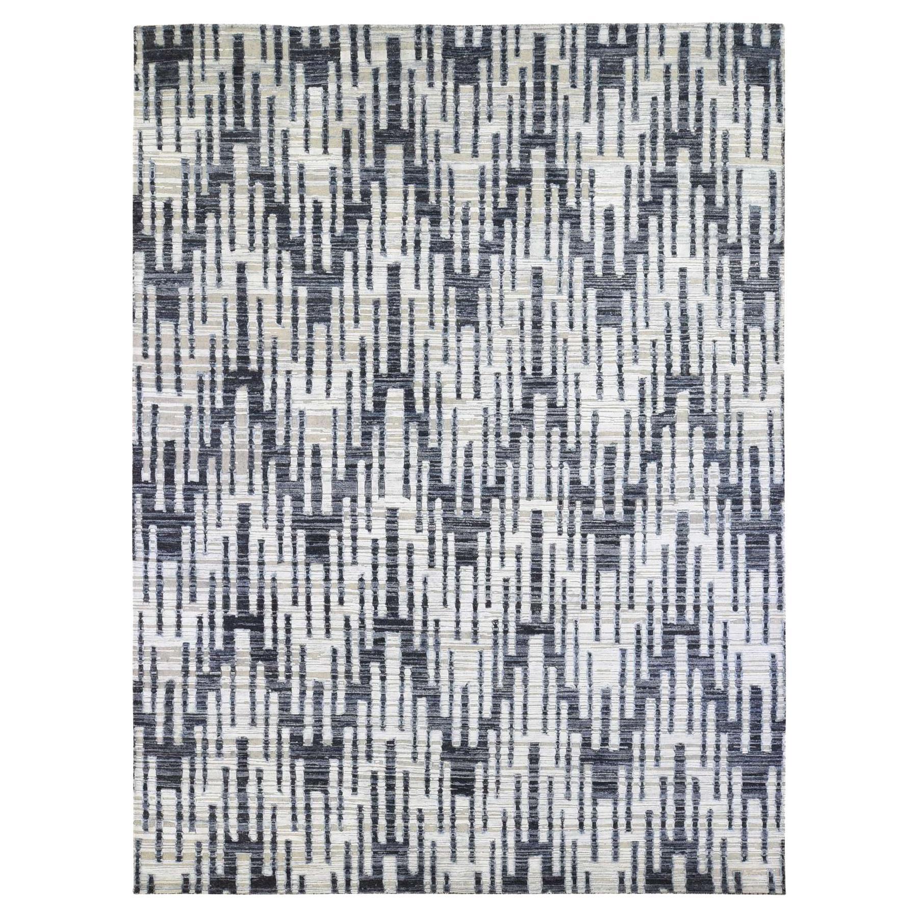 9'x12' Black and White Zig Zag Design Pure Silk and Textured Wool Rug For Sale