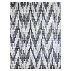 9'x12' Black and White Zig Zag Design Pure Silk and Textured Wool Rug