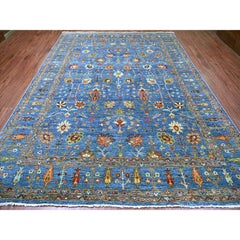 9'x12' großer blauer afghanischer Sultani-Teppich aus reiner Wolle, handgeknüpft, mit durchgehendem Muster
