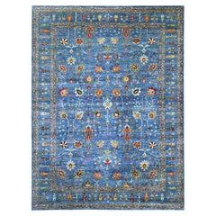 9'x12' großer blauer afghanischer Sultani-Teppich aus reiner Wolle, handgeknüpft, mit durchgehendem Muster