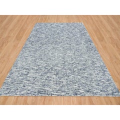 9'x12' Blue and Ivory Modern Striae Design Pure Wool Hand Loomed Rug