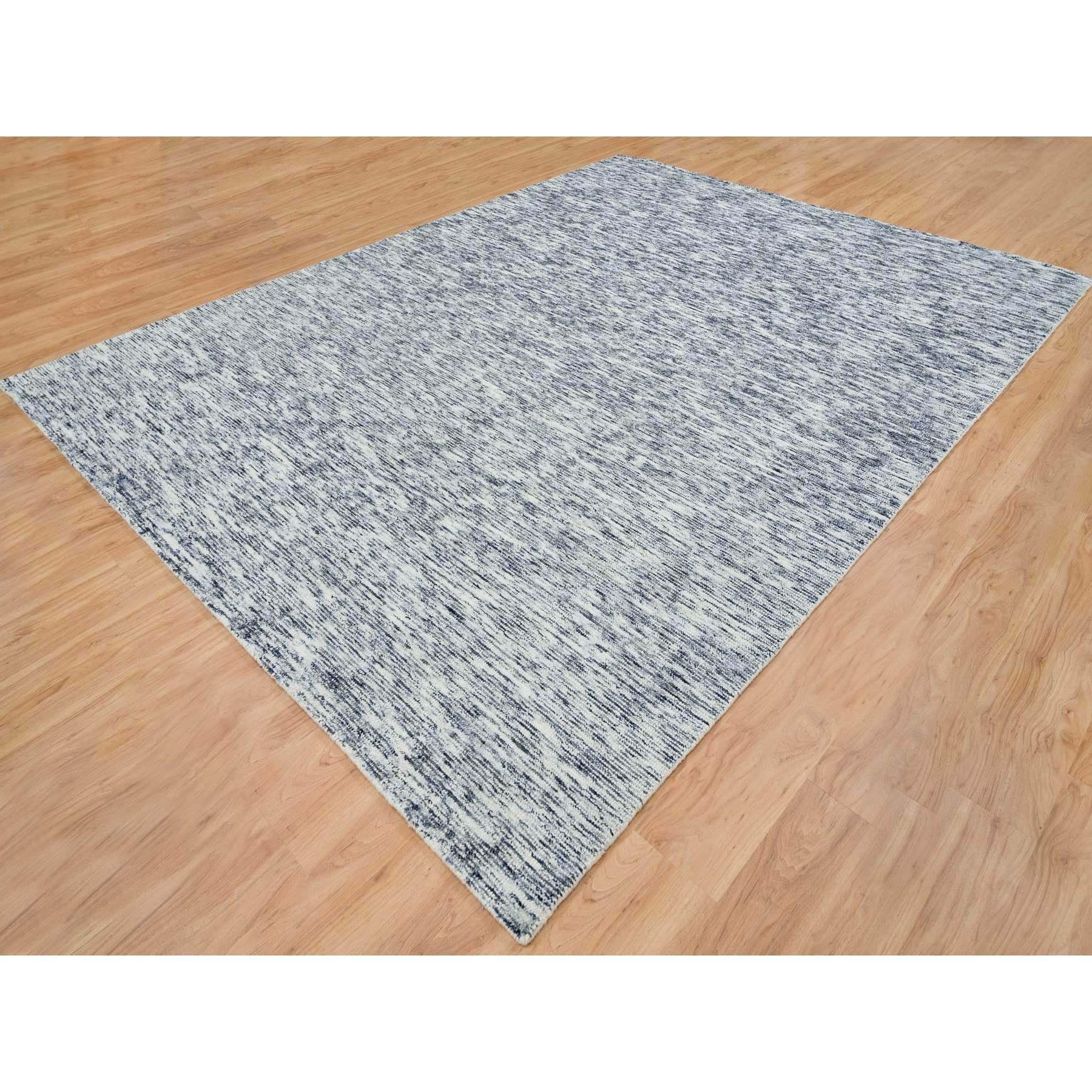 9'x12' Blau und Elfenbein Modern Striae Design Reine Wolle Handgewobener Teppich (Moderne) im Angebot