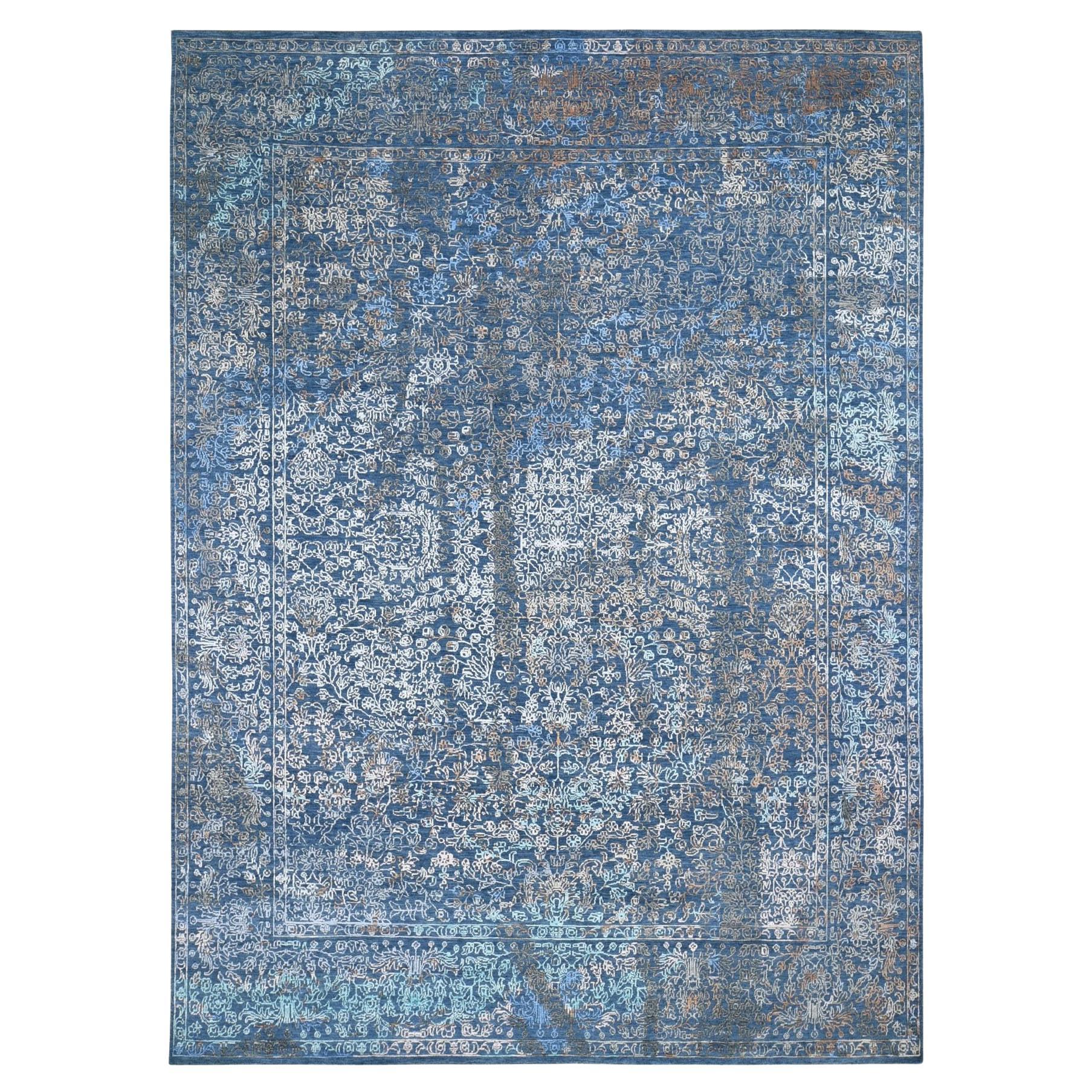 9'x12' Blue Erased Persian Design Wool And Silk Hand Knotted Oriental Rug