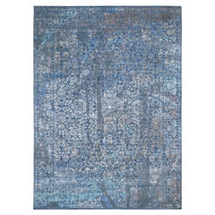 9'x12' Blue Erased Persian Design Wool And Silk Hand Knotted Oriental Rug