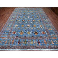 9'x12' Blue Hand Knotted Afghan Sultani with Pomegranate Design Soft Wool Rug