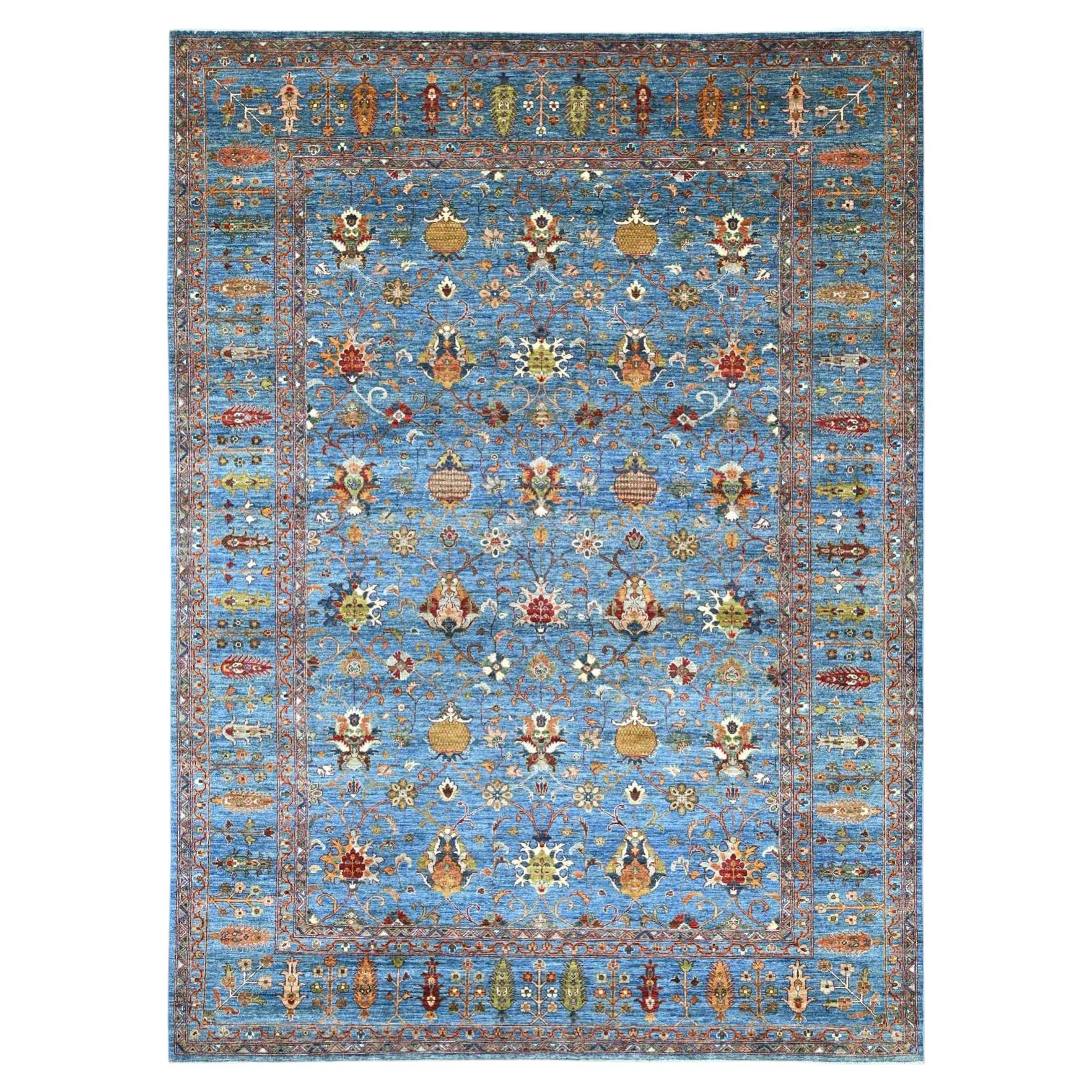 9'x12' Blue Hand Knotted Afghan Sultani with Pomegranate Design Soft Wool Rug