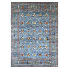 9'x12' Blue Hand Knotted Afghan Sultani with Pomegranate Design Soft Wool Rug