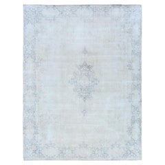 9'x12' Blue Hand Knotted Distressed Look, Worn Wool Old Zoroastrian Karman Rug