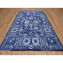 9'x12' Blue Hand Knotted Tone on Tone Tabriz with Leaf Motif Wool & Silk Rug