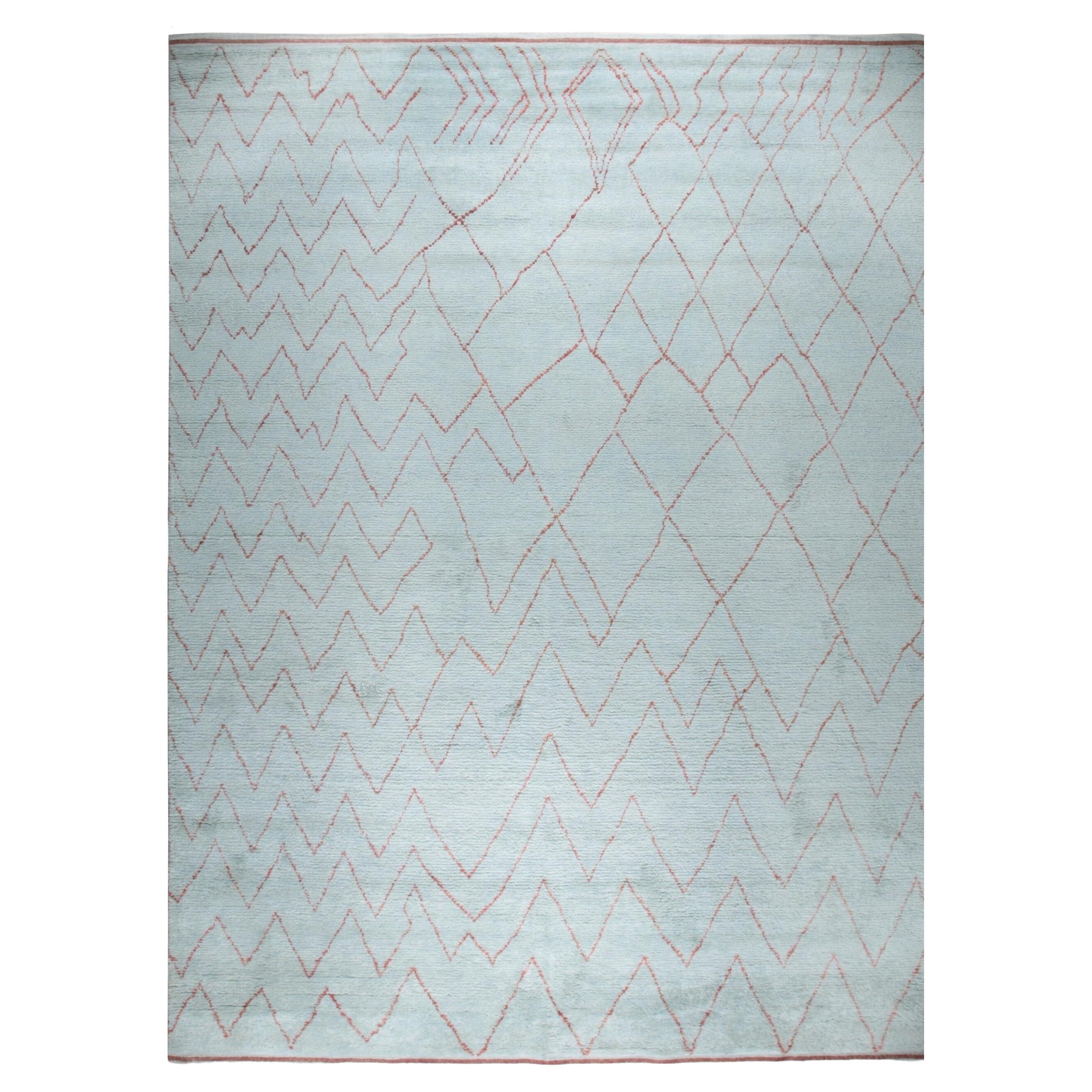 9x12 Blue Hand-Knotted Wool Chevron Gridwork Tribal Modern Carpet Rug For Sale