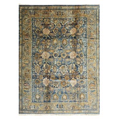 9x12 Blue Hand-Knotted Wool Faded Floral Bloom Geometric Modern Carpet Rug