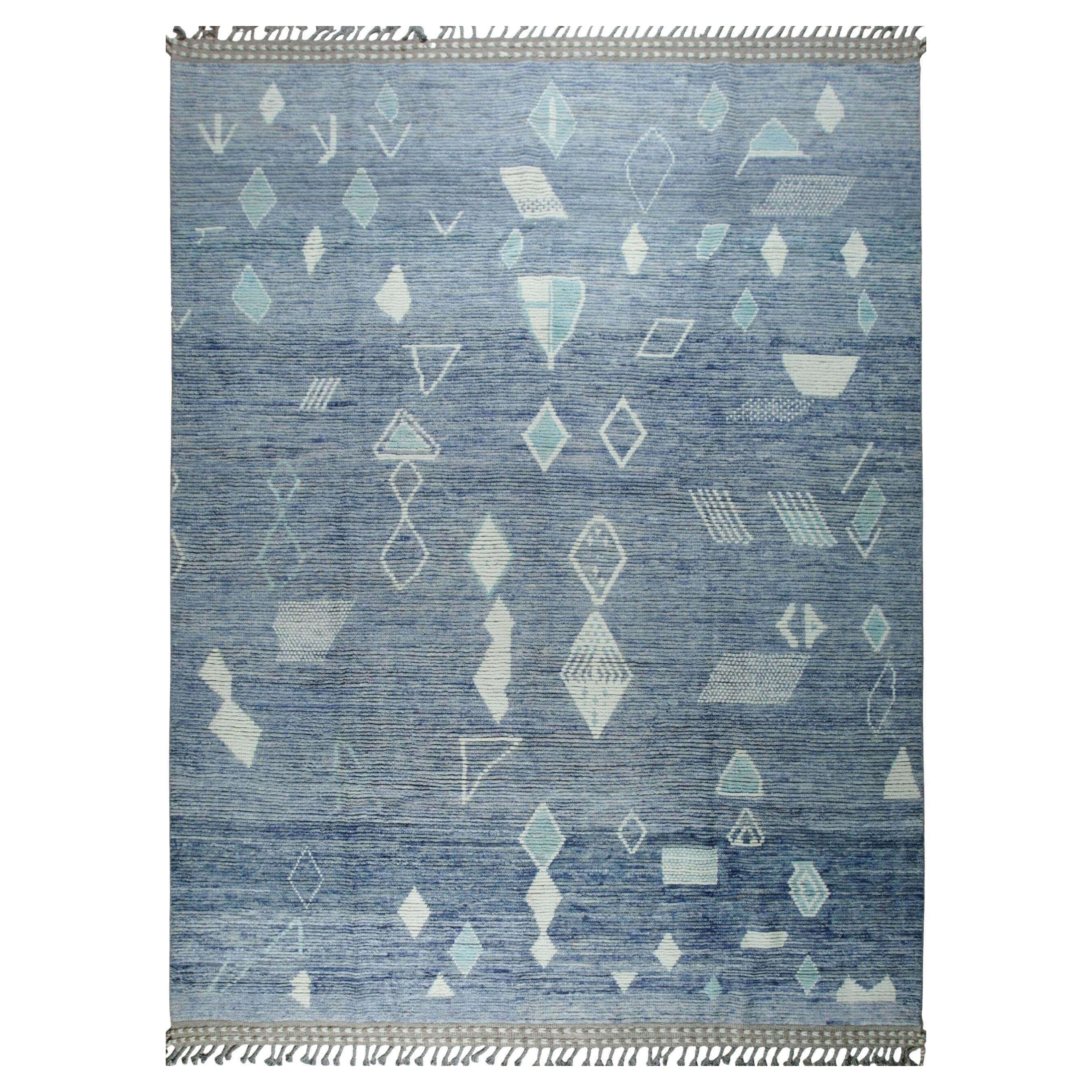 9x12 Blue Hand-Knotted Wool Floating Diamond Motifs Tribal Modern Carpet Rug