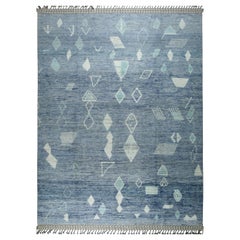 9x12 Alfombra anudada a mano en lana azul con motivos de diamantes flotantes Alfombra tribal moderna
