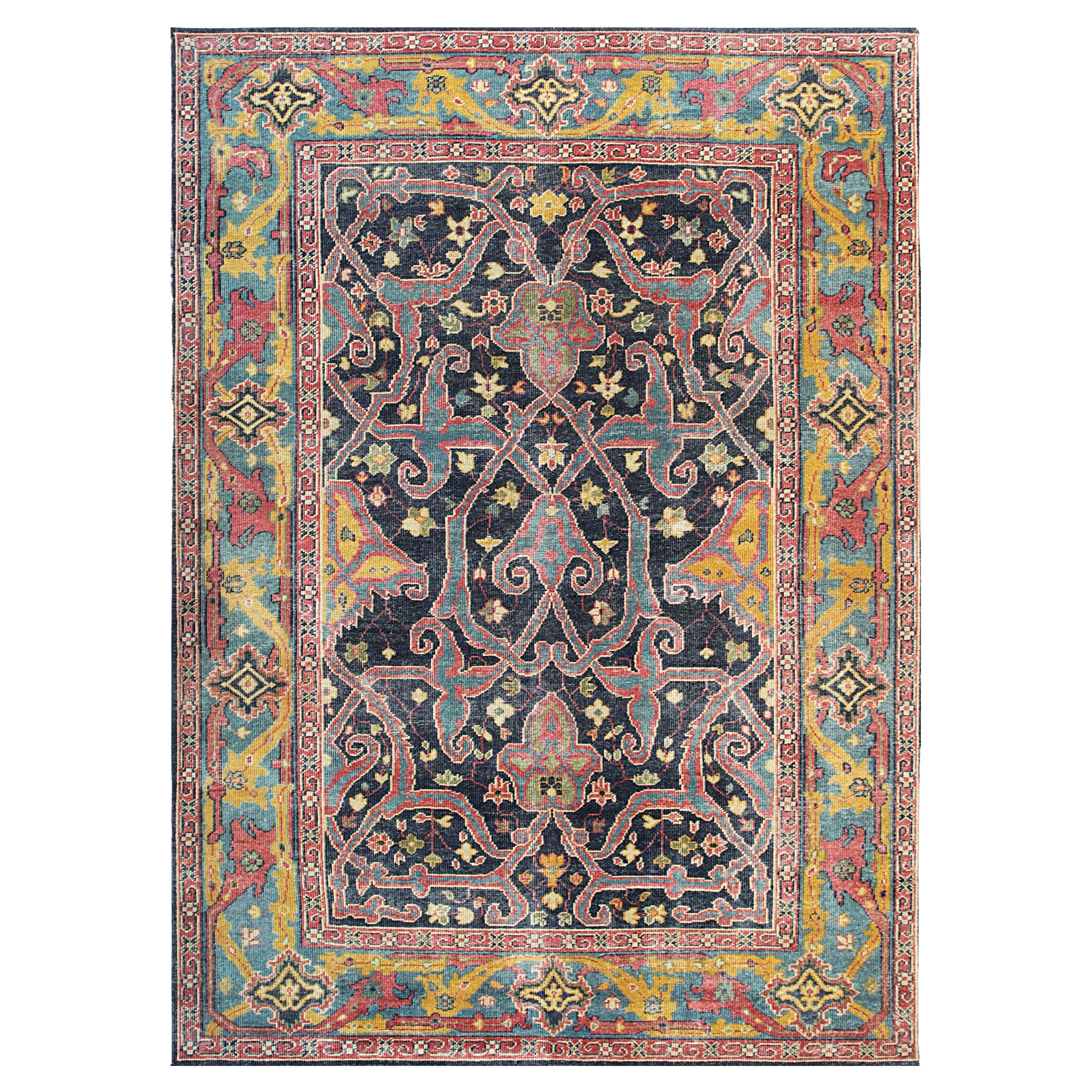 9x12 Blue Hand-Knotted Wool Floral Trellis Geometric Modern Carpet Rug