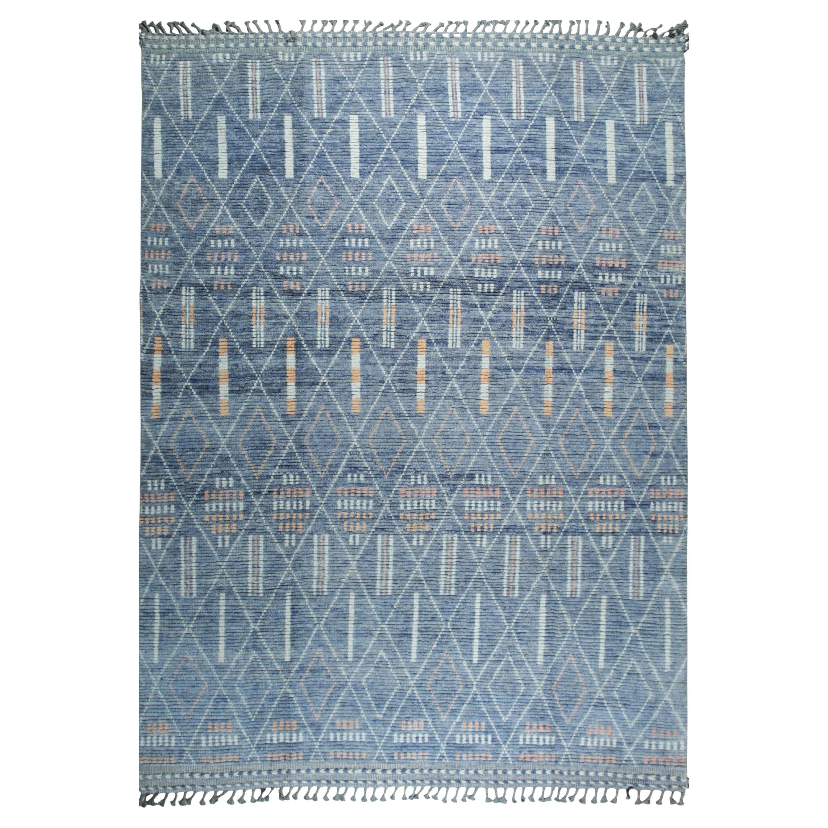 9x12 Blue Hand-Knotted Wool Linear Diamond Grid Geometric Modern Carpet Rug For Sale