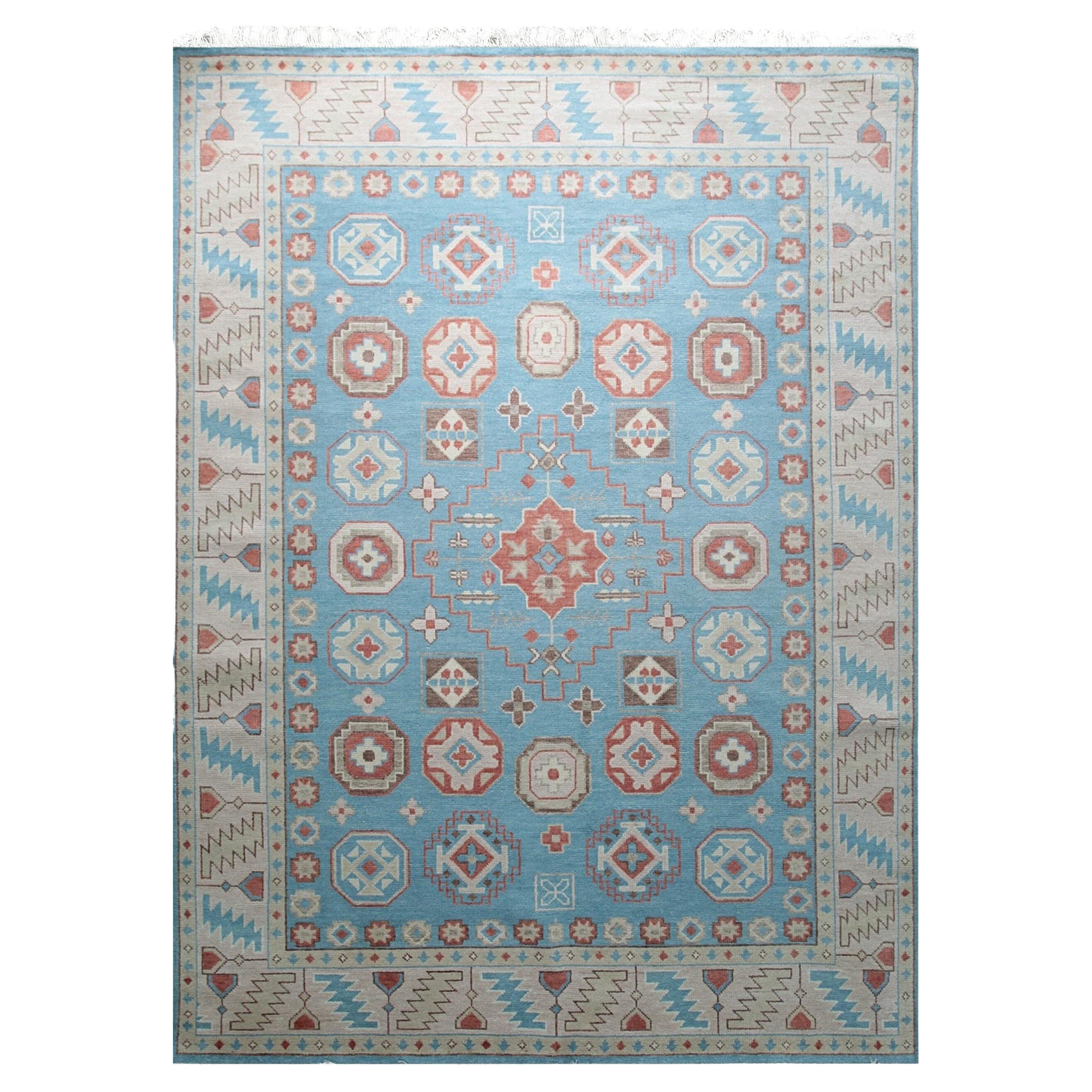 9x12 Blue Hand-Knotted Wool Octagonal Medallions Tribal Modern Carpet Rug