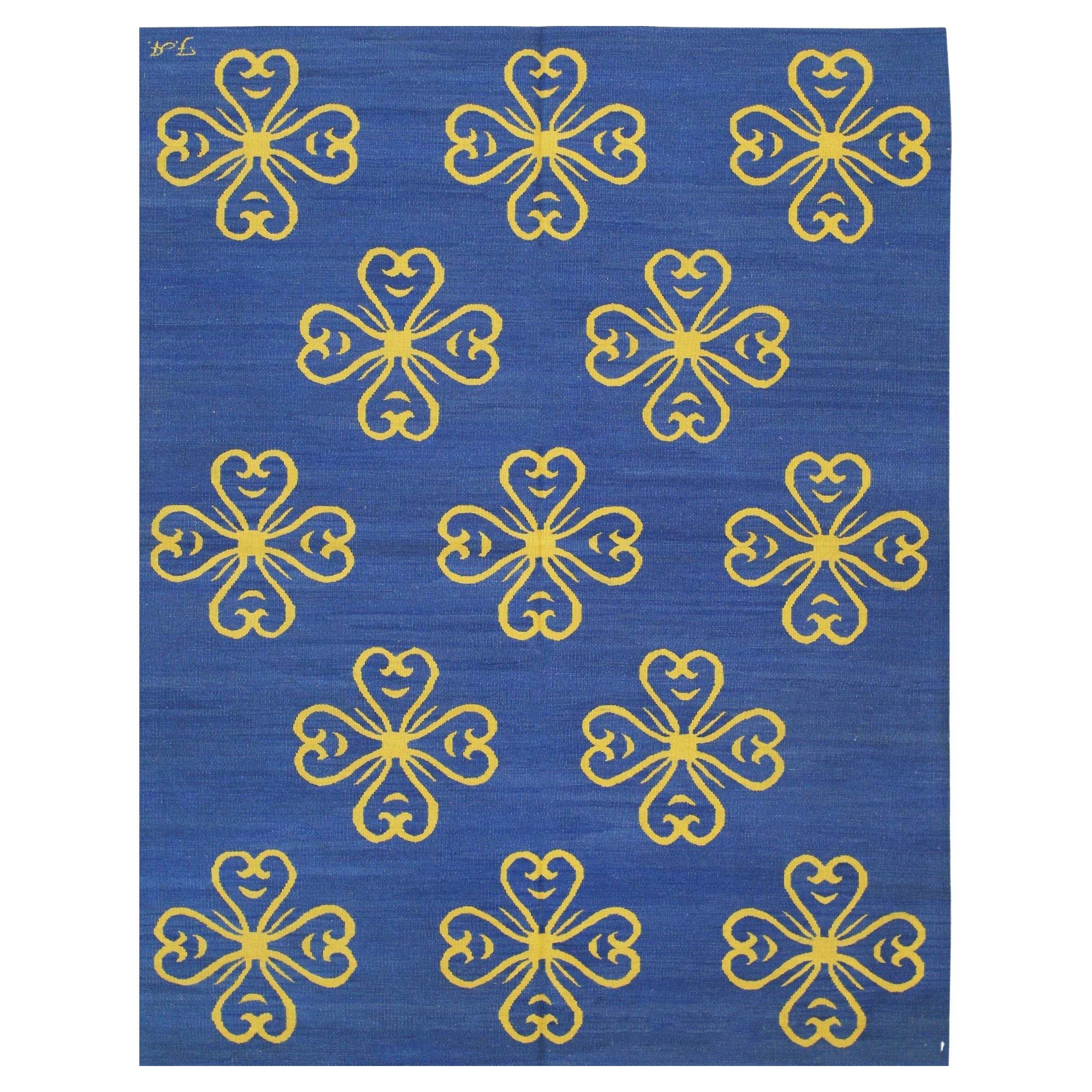 9x12 Blue Handwoven Wool Stylized Clover Motif Geometric Modern Carpet Rug For Sale