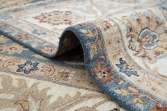 9x12 Blue Persian Hand Knotted Oushak with Ivory Floral Border Rug (G-14015)
