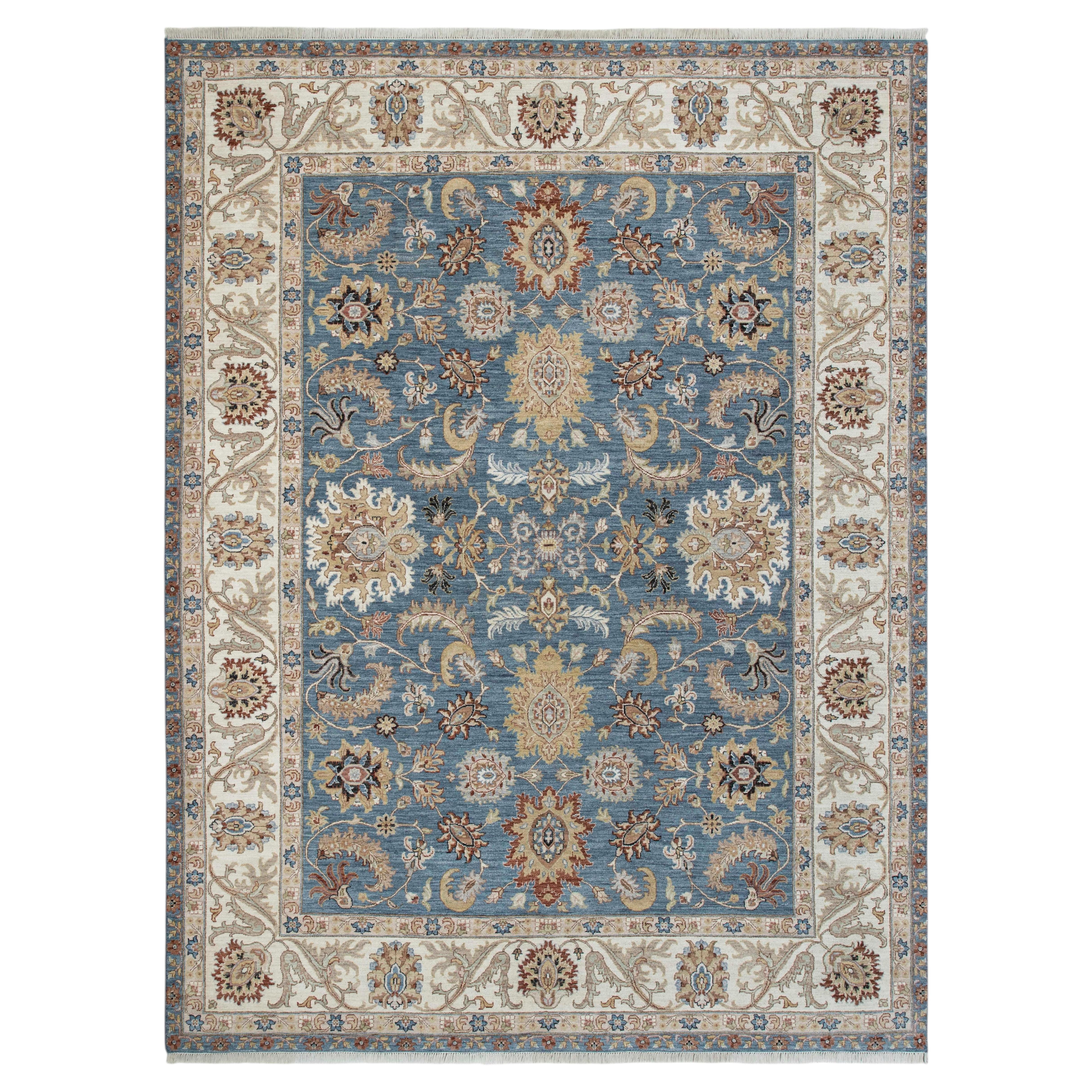 Tappeto Oushak blu persiano 9x12 annodato a mano con bordo floreale avorio (G-14015)