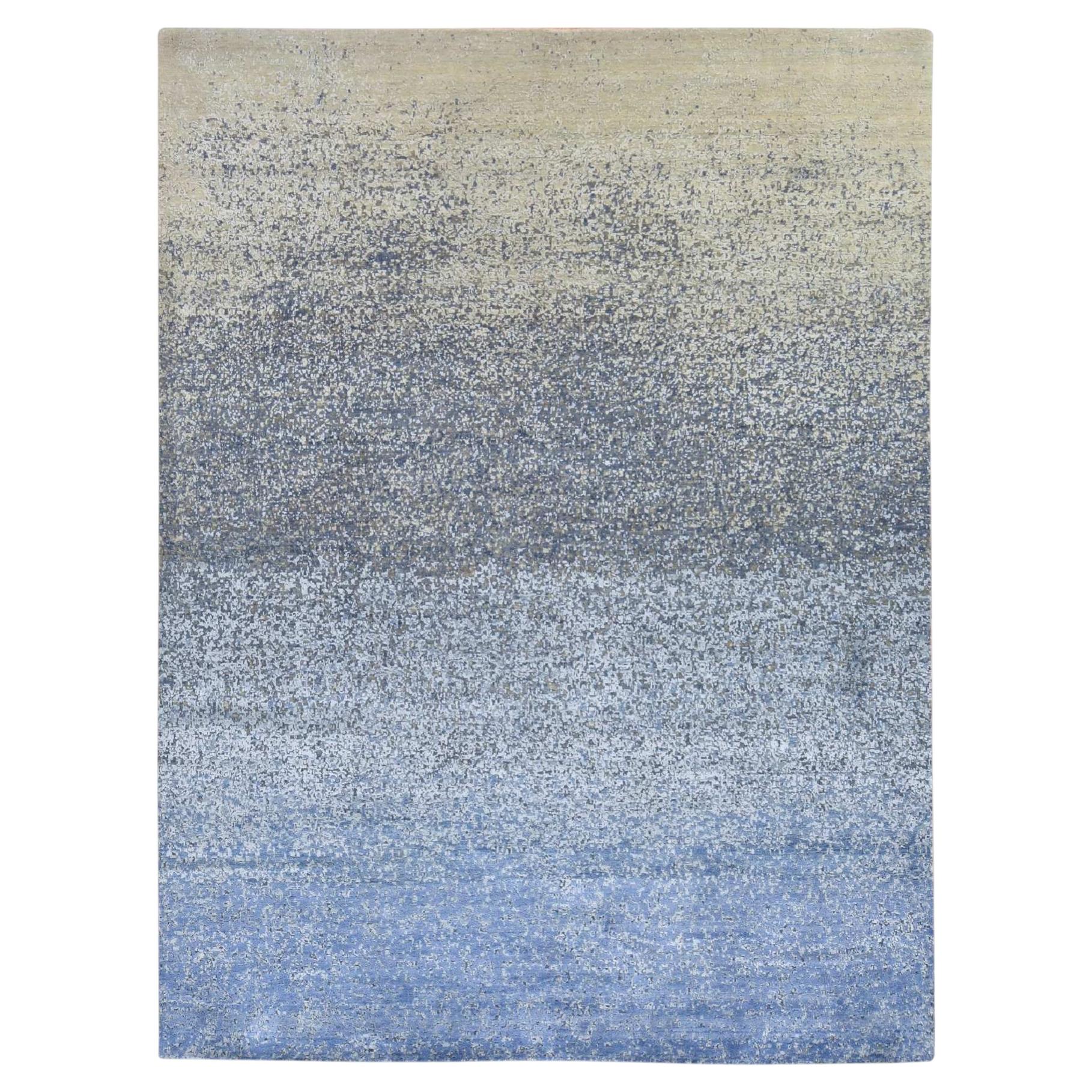 Alfombra moderna tejida a mano de 9'x12', de seda pura y lana, con diseño degradado en azul