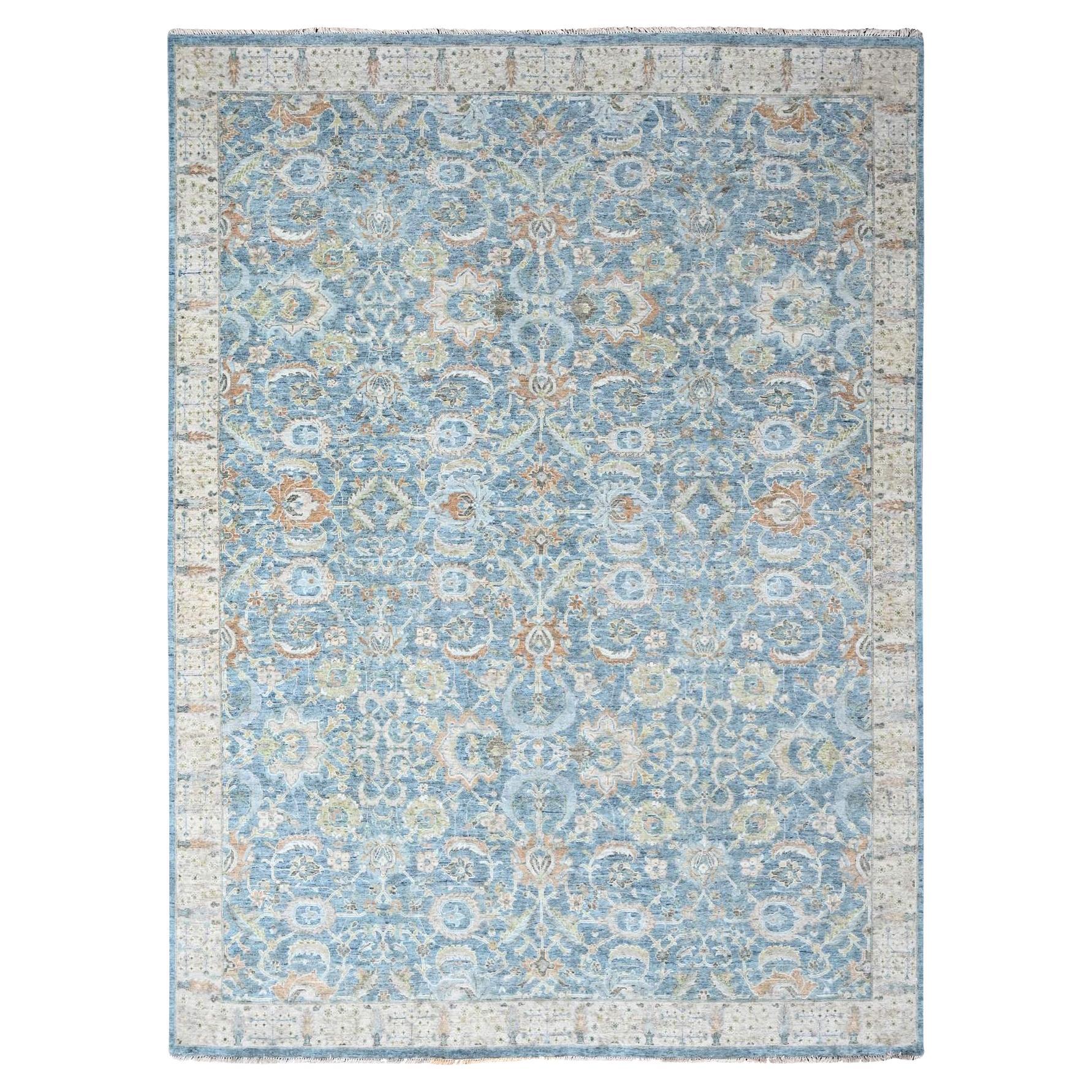 9'x12' Blue Pure Wool Antiqued Persian with Mahal Design Hand Knotted Rug