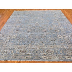 9'x12' Blue Wool and Silk Abrash All Over Heriz Design Hand Knotted Oriental Rug