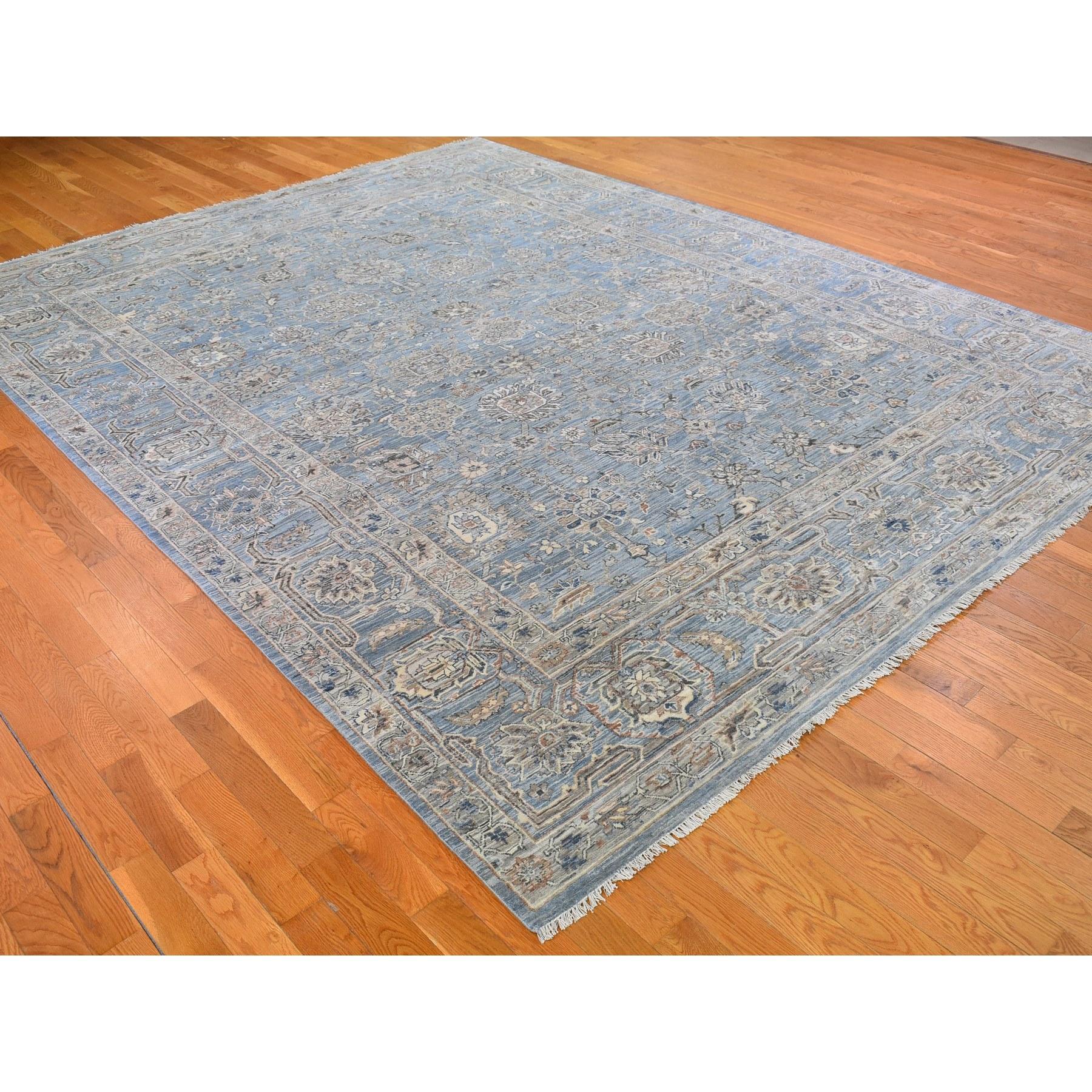 Heriz Serapi 9'x12' Blue Wool and Silk Abrash All Over Heriz Design Hand Knotted Oriental Rug For Sale