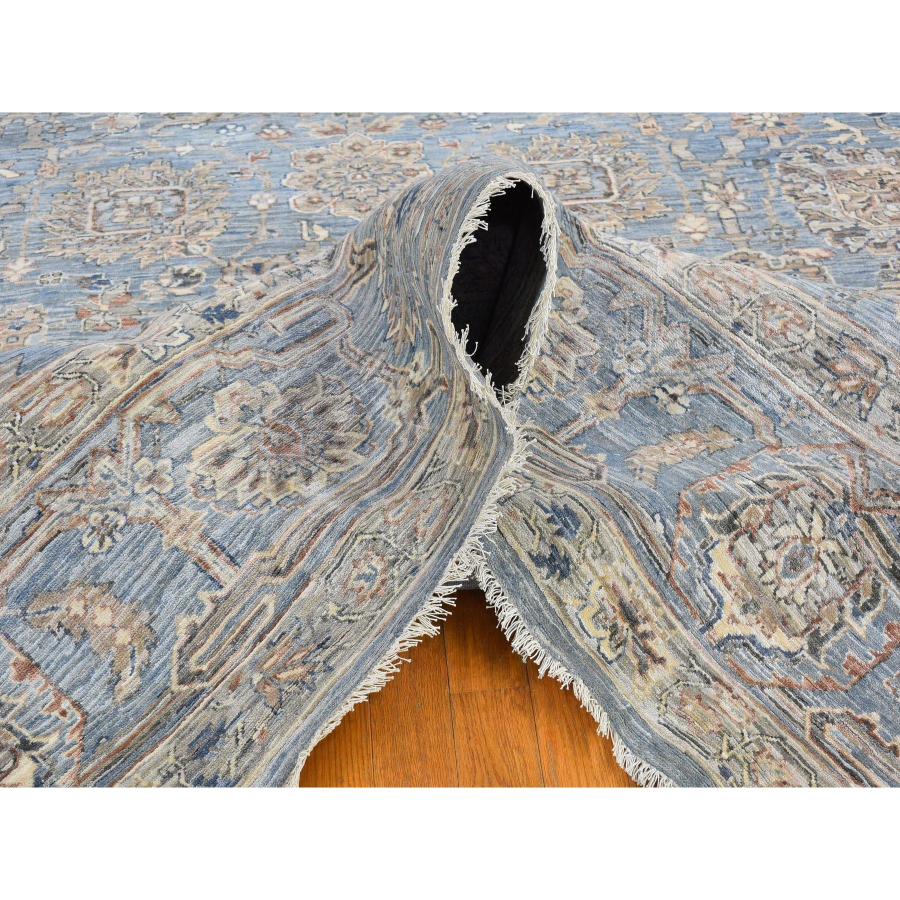 Hand-Knotted 9'x12' Blue Wool and Silk Abrash All Over Heriz Design Hand Knotted Oriental Rug For Sale