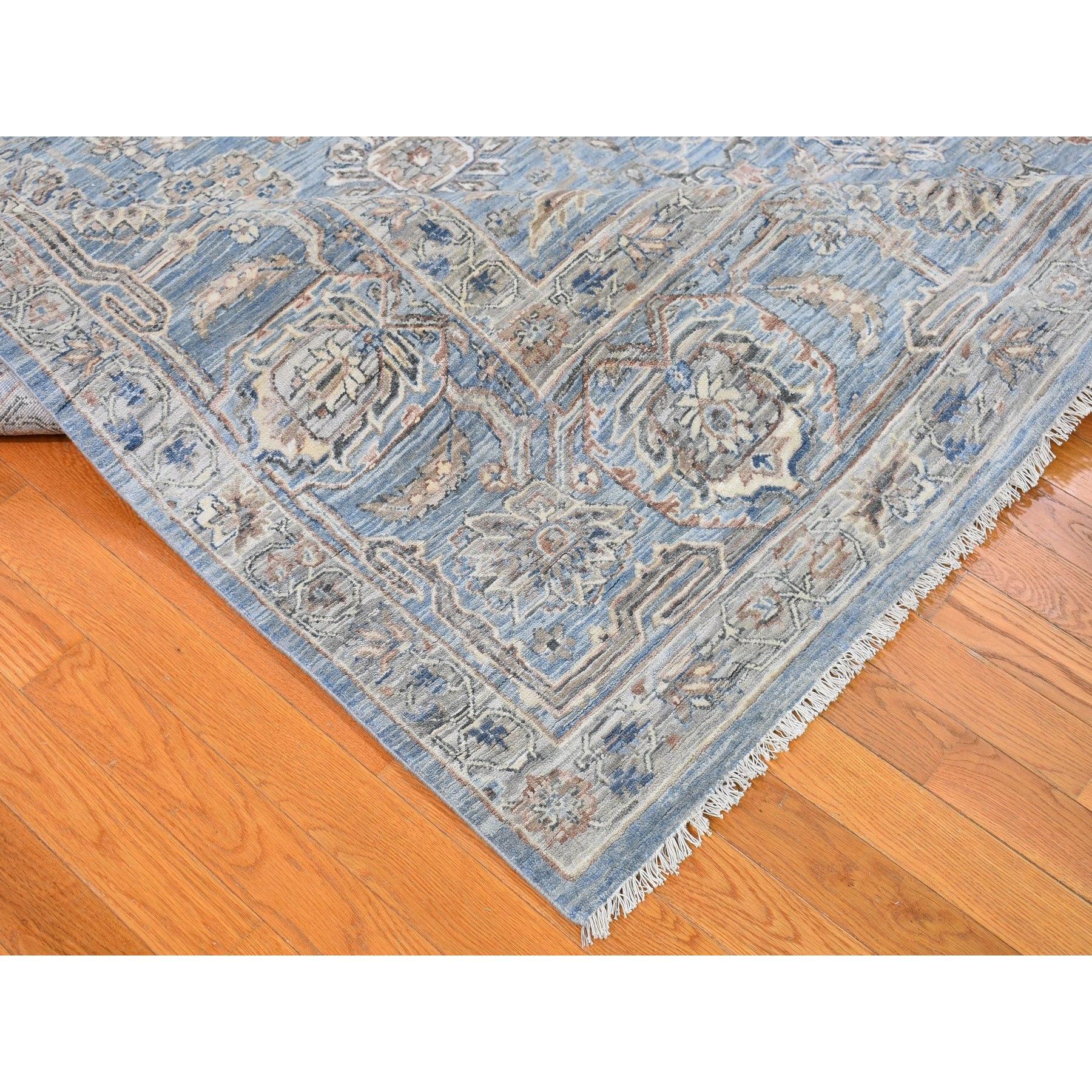 9'x12' Blue Wool and Silk Abrash All Over Heriz Design Hand Knotted Oriental Rug In New Condition For Sale In Carlstadt, NJ