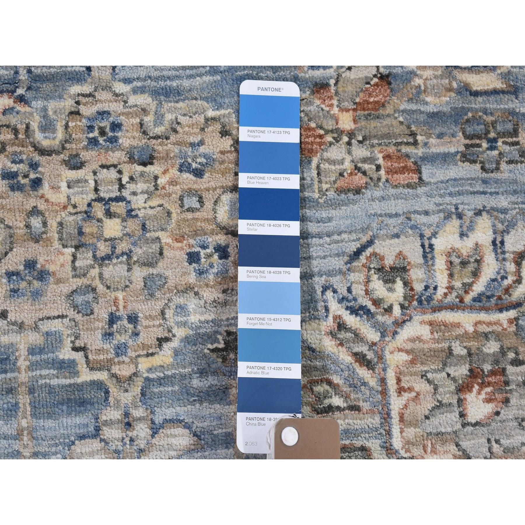 Contemporary 9'x12' Blue Wool and Silk Abrash All Over Heriz Design Hand Knotted Oriental Rug For Sale
