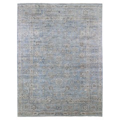 9'x12' Blue Wool and Silk Abrash All Over Heriz Design Hand Knotted Oriental Rug
