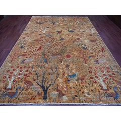 9'x12' Brown Afghan Peshawar Birds of Paradise Design Hand Knotted Wool Rug