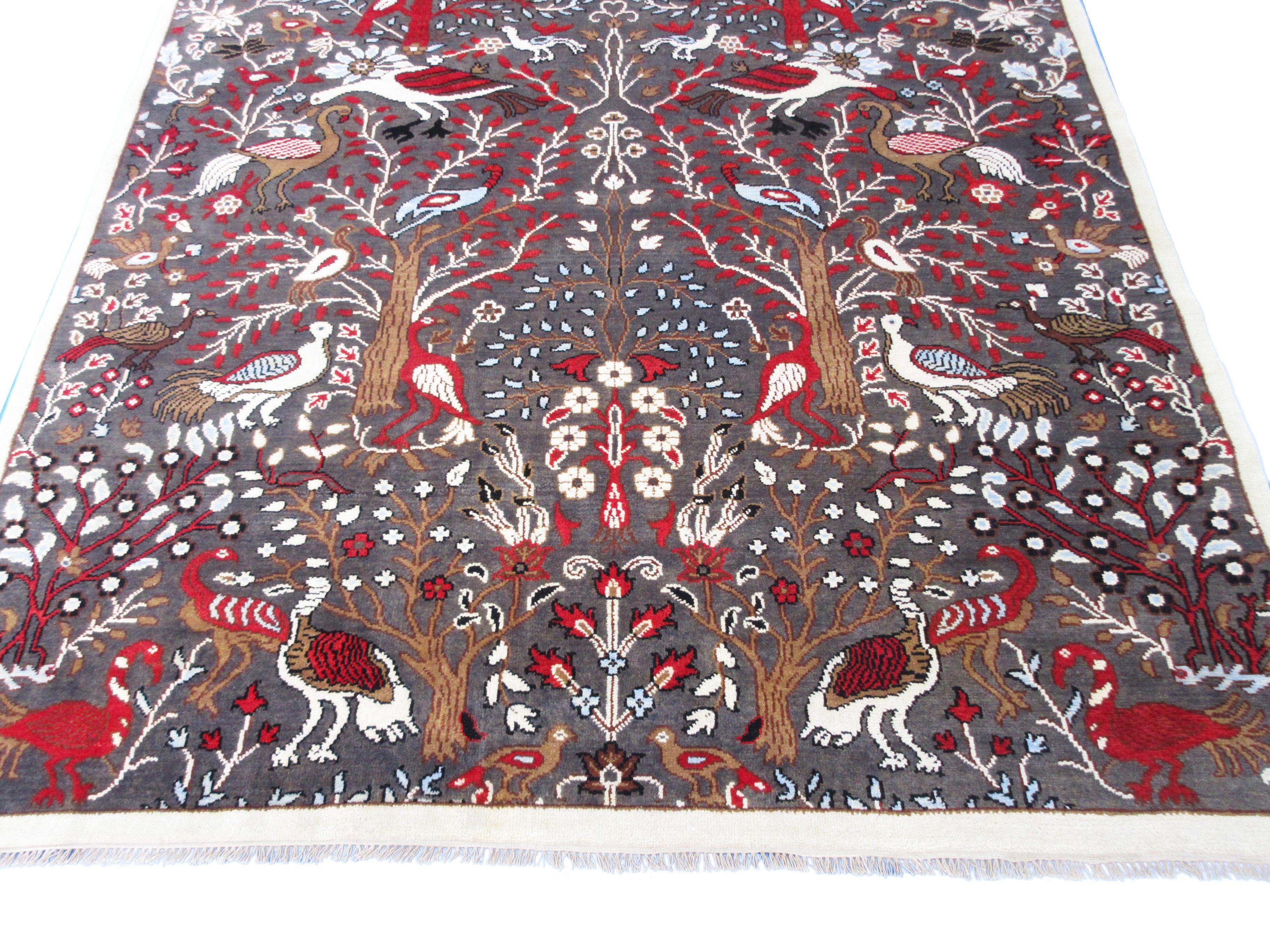 Hand-Knotted Brown Bird Design Rug For Sale