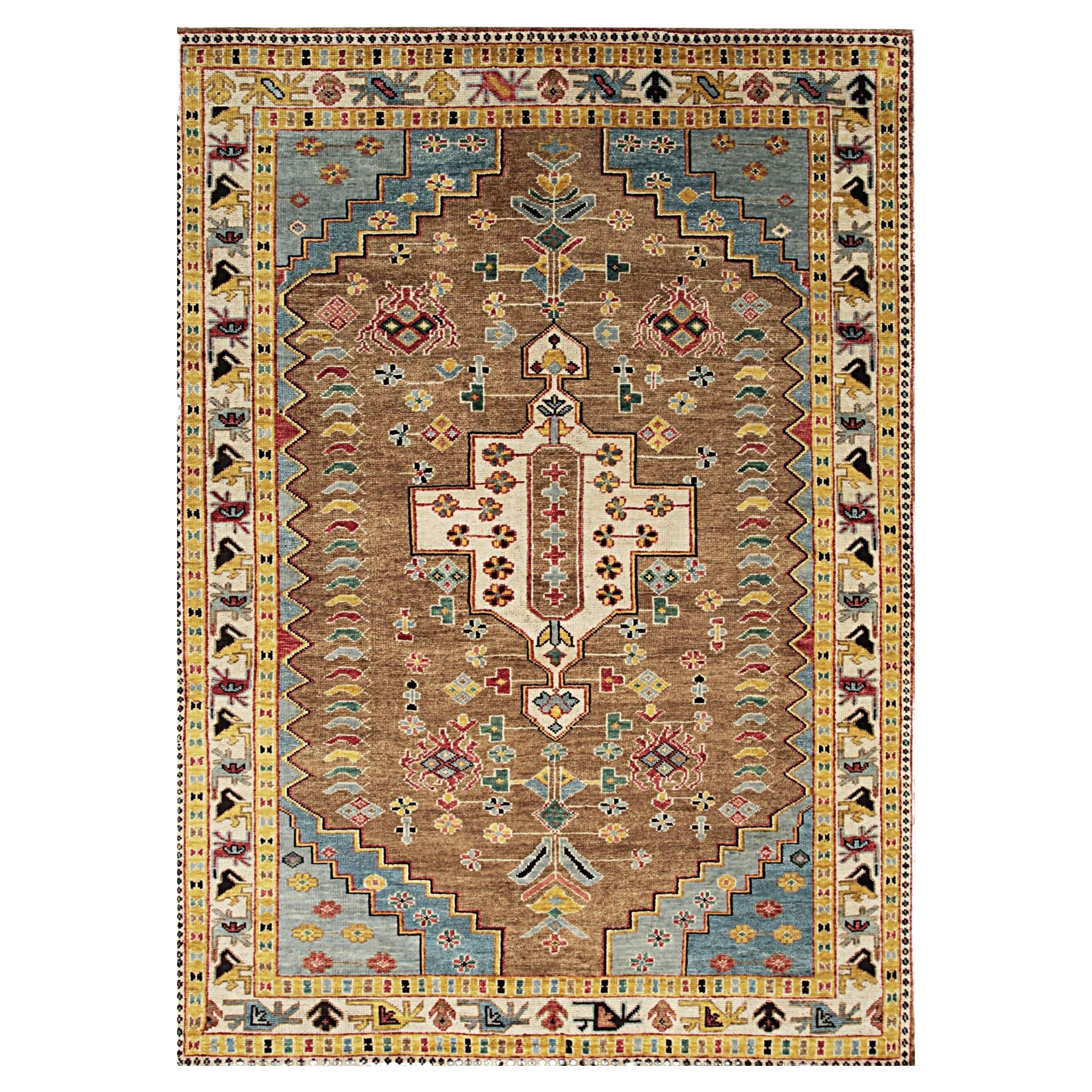 9x12 Brown Hand-Knotted Wool Stepped Medallion Geometric Modern Carpet Rug