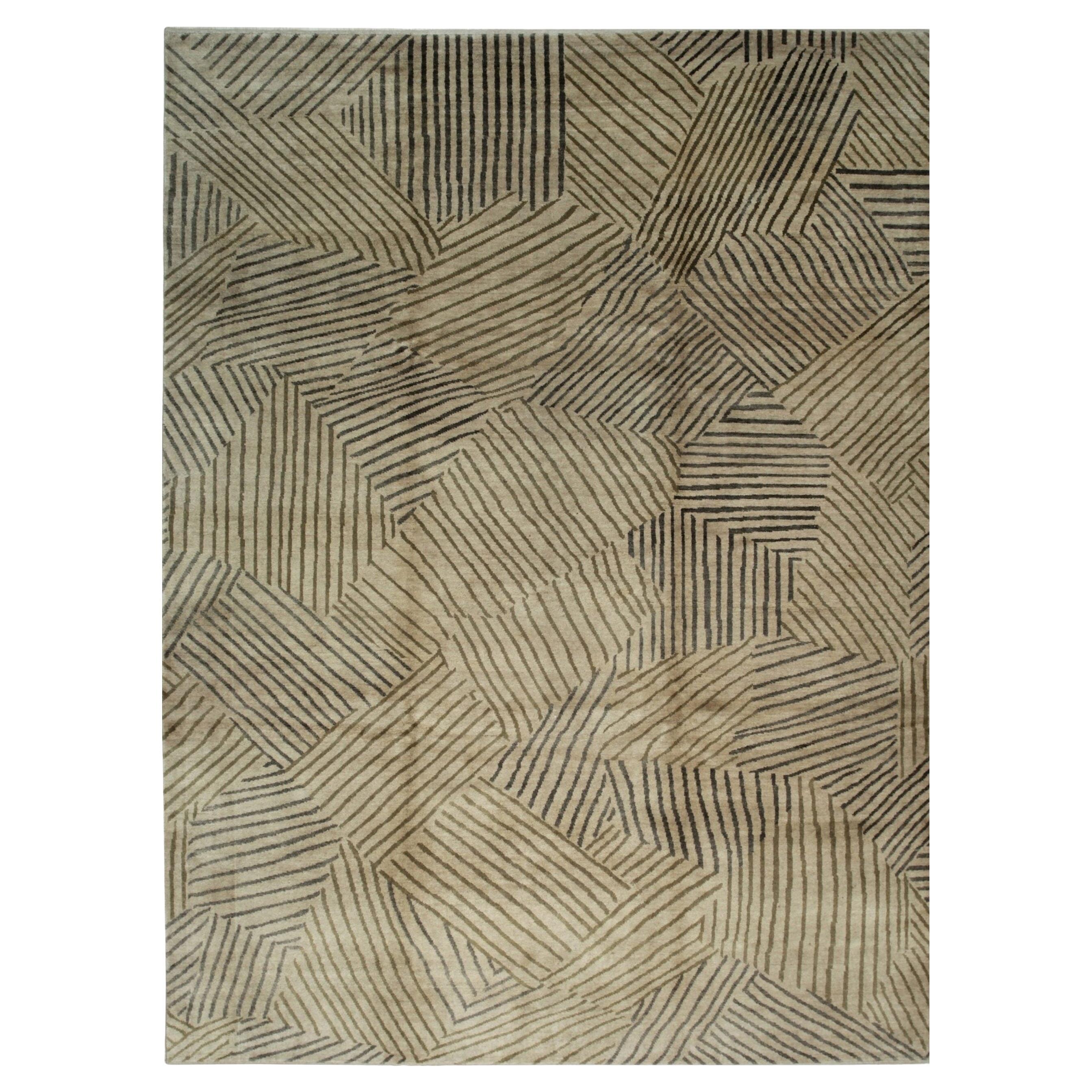 Tappeto 9x12 marrone annodato a mano in lana a righe Earthscapeist Design Rugs