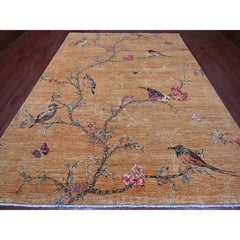 9'x12' Brown Sparrows on the Tree Peshawar Tappeto orientale interamente in lana annodato a mano