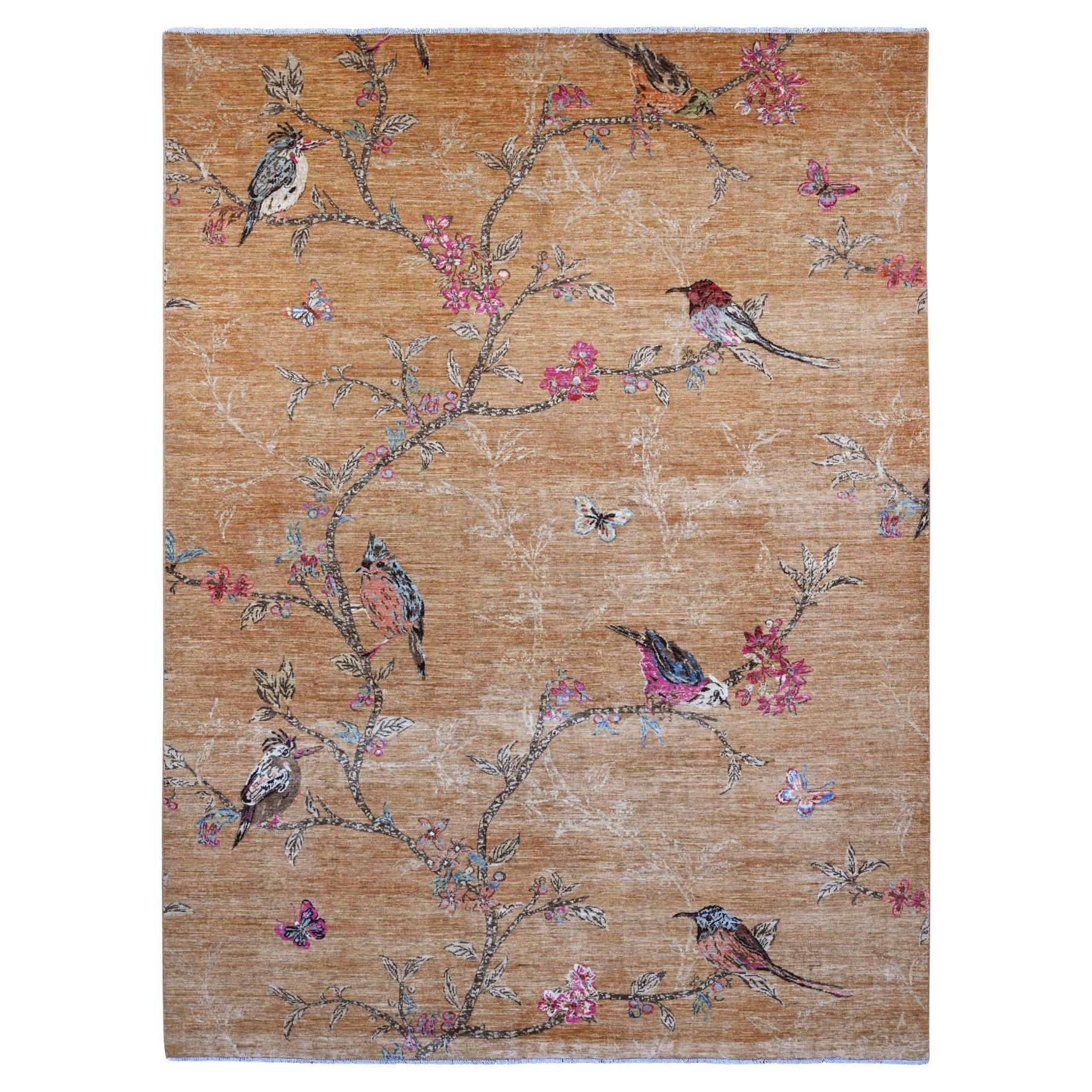 Tapis oriental noué à la main Peshawar 9'x12' Brown Sparrows on the Tree