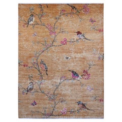 9'x12' Brown Sparrows on the Tree Peshawar Tappeto orientale interamente in lana annodato a mano