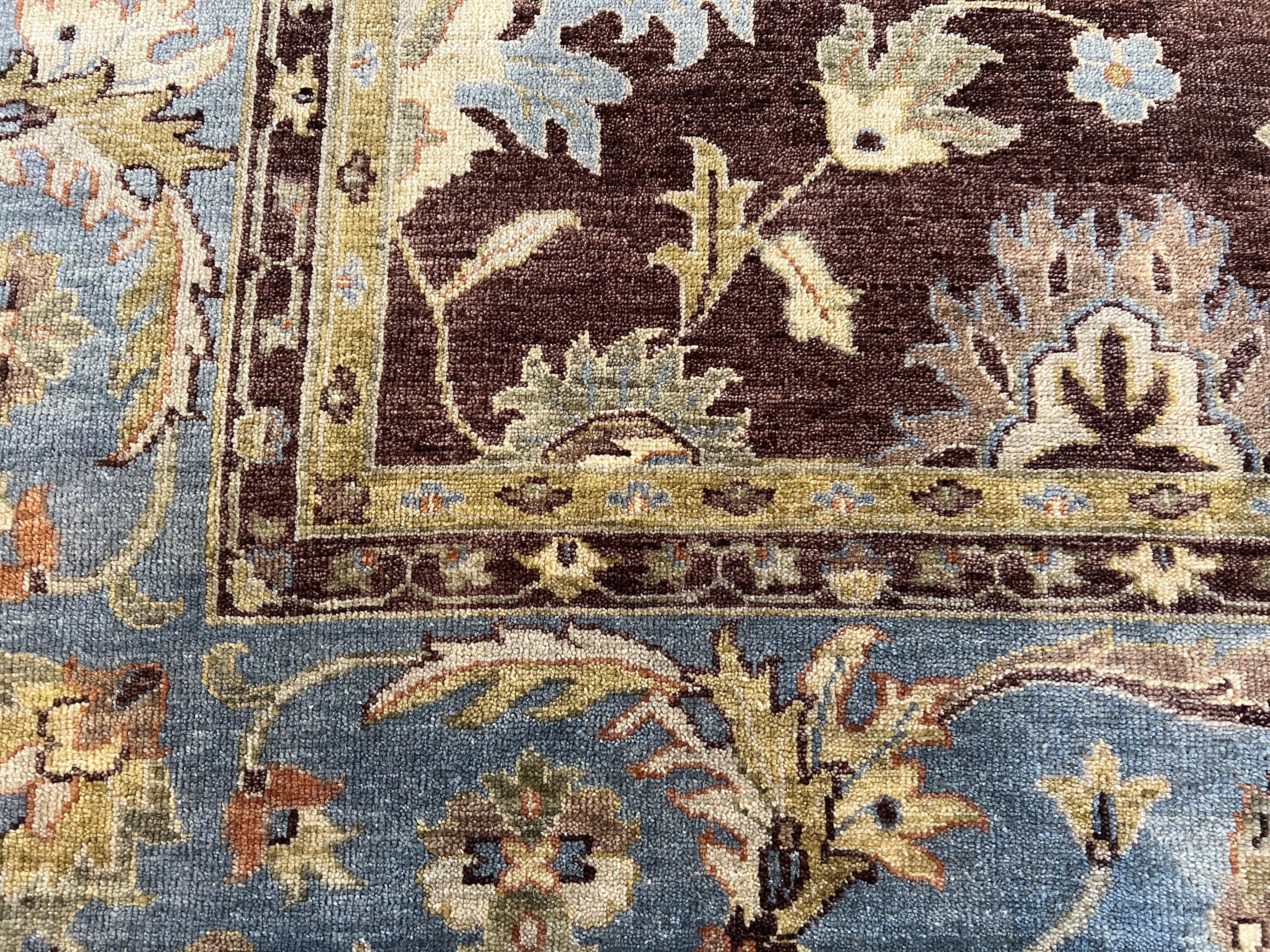 Hand-Knotted 9'x12' Browns and Blues Floral Design Rug For Sale