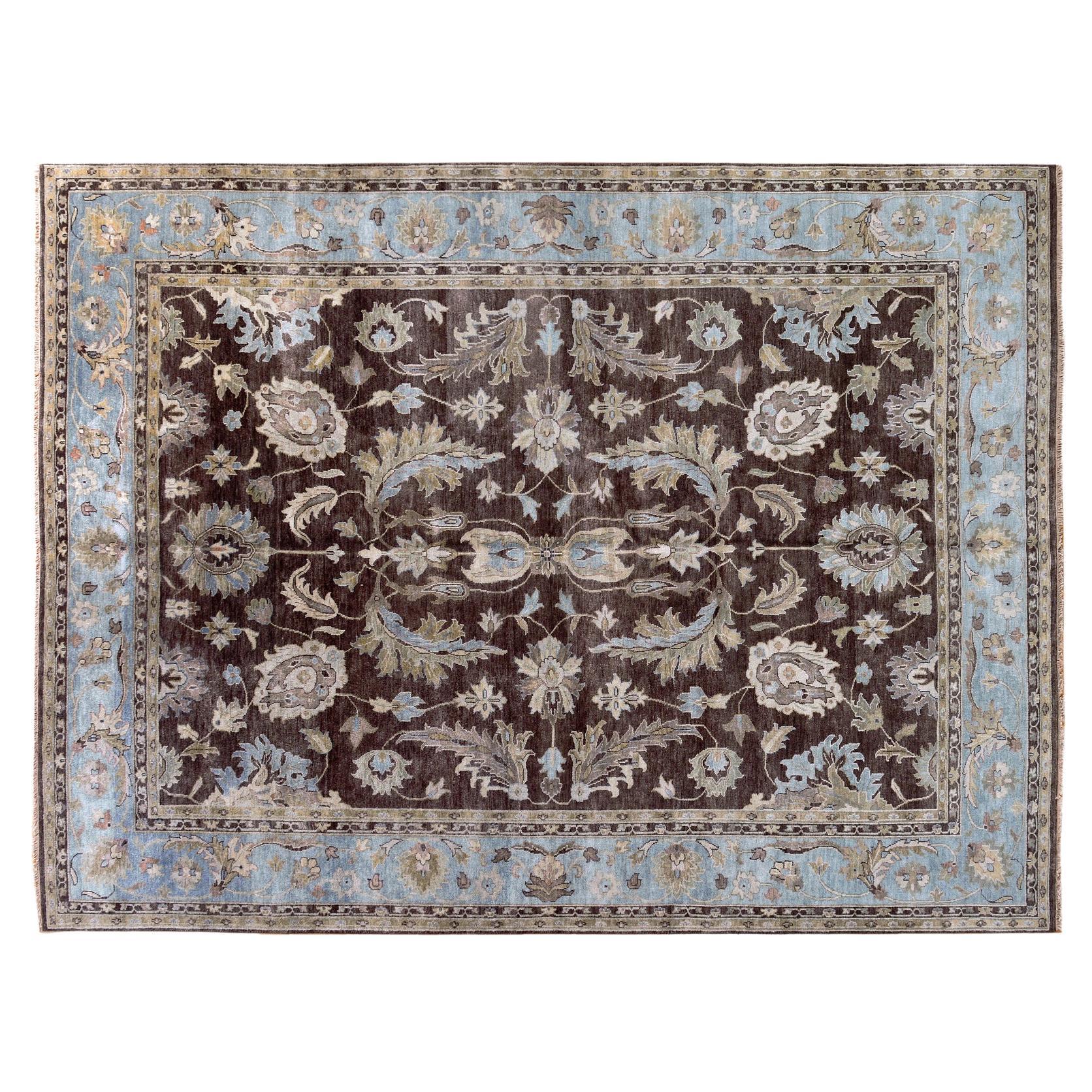 9'x12' Brauner und blauer Teppich im geblümten Design im Angebot