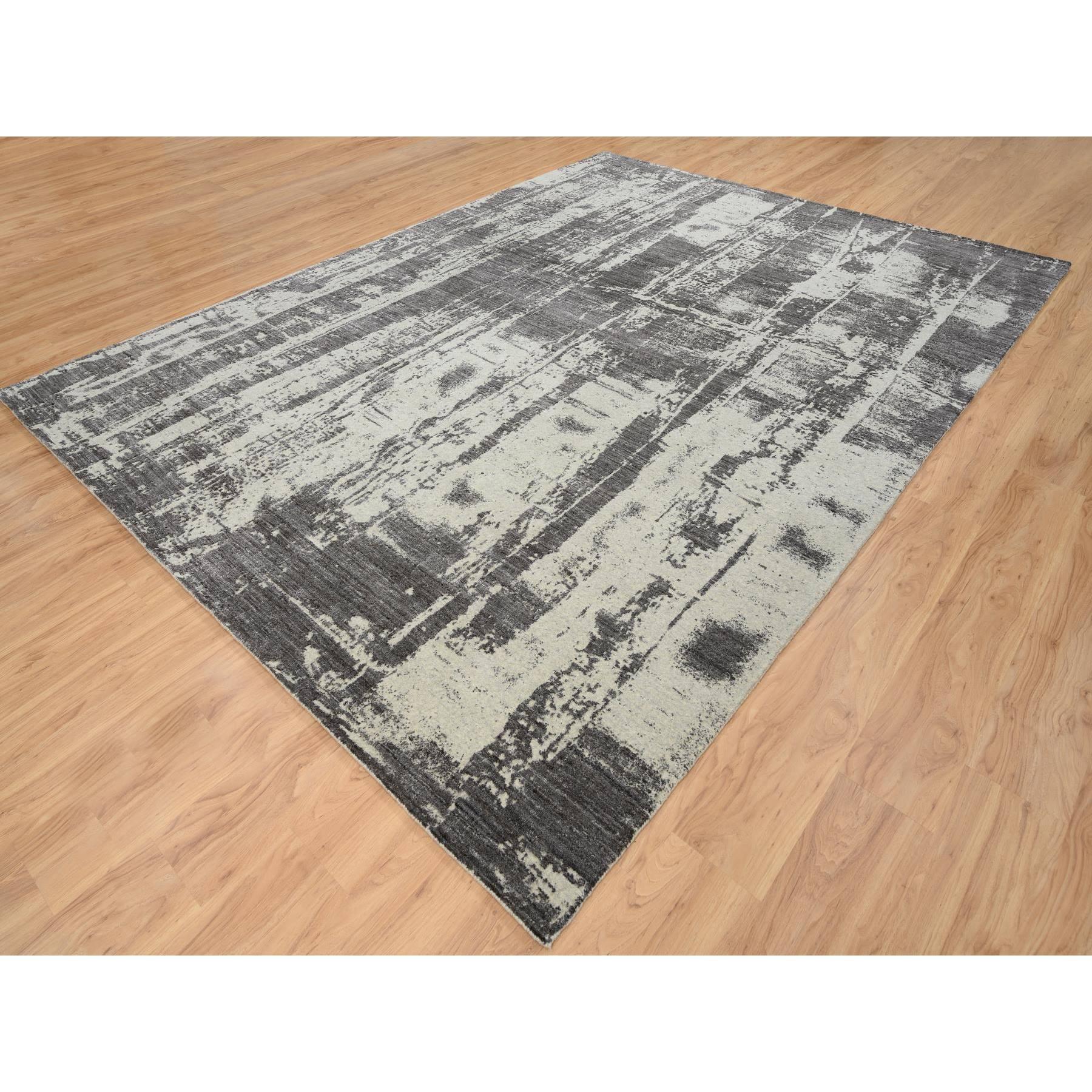 9'x12' Schwarzer handgewebter moderner Design-Teppich aus Wolle und reiner Seide in Anthrazit (Indisch) im Angebot